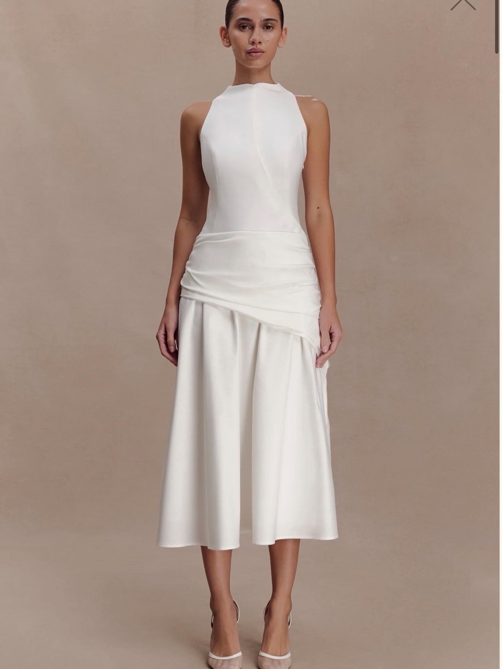 EMILY Wrapped Waist Midi Dress White NWT Size L Elegant High Neck Occasion Dress